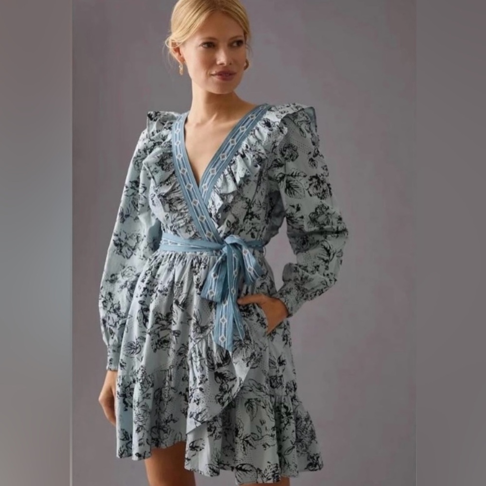 Anthropologie Ruffle Wrap Mini Dress Blue Floral